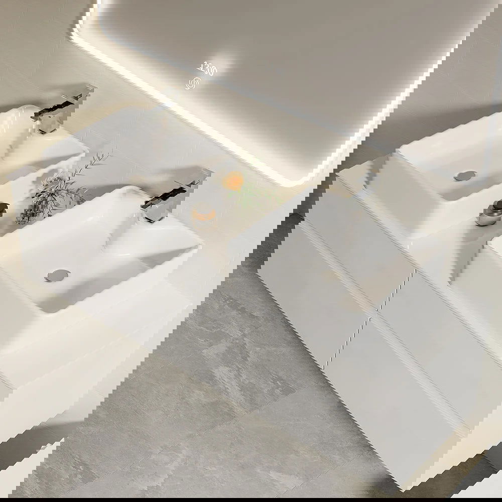 White Floating Bathroom Vanity Set with Faux Marble Top & Ceramic Countertop Basin - 