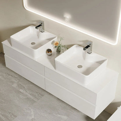 White Floating Bathroom Vanity Set with Faux Marble Top & Ceramic Countertop Basin - 