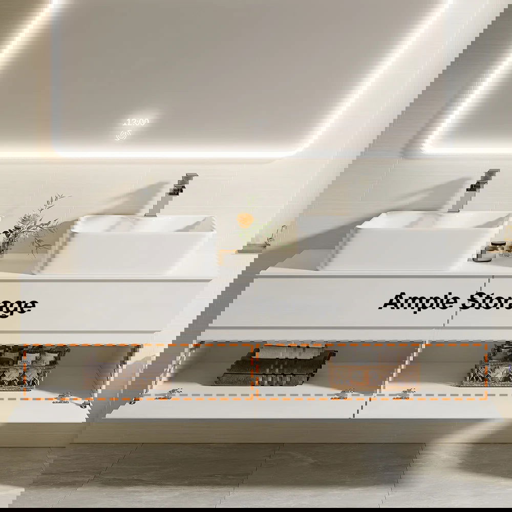 White Floating Bathroom Vanity Set with Faux Marble Top & Ceramic Countertop Basin - 