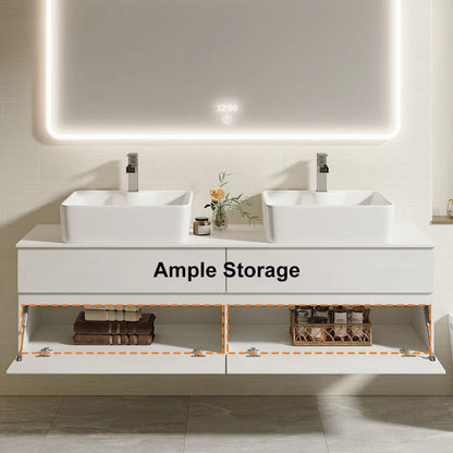 White Floating Bathroom Vanity Set with Faux Marble Top & Ceramic Countertop Basin - 