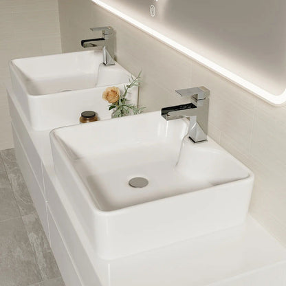 White Floating Bathroom Vanity Set with Faux Marble Top & Ceramic Countertop Basin - 