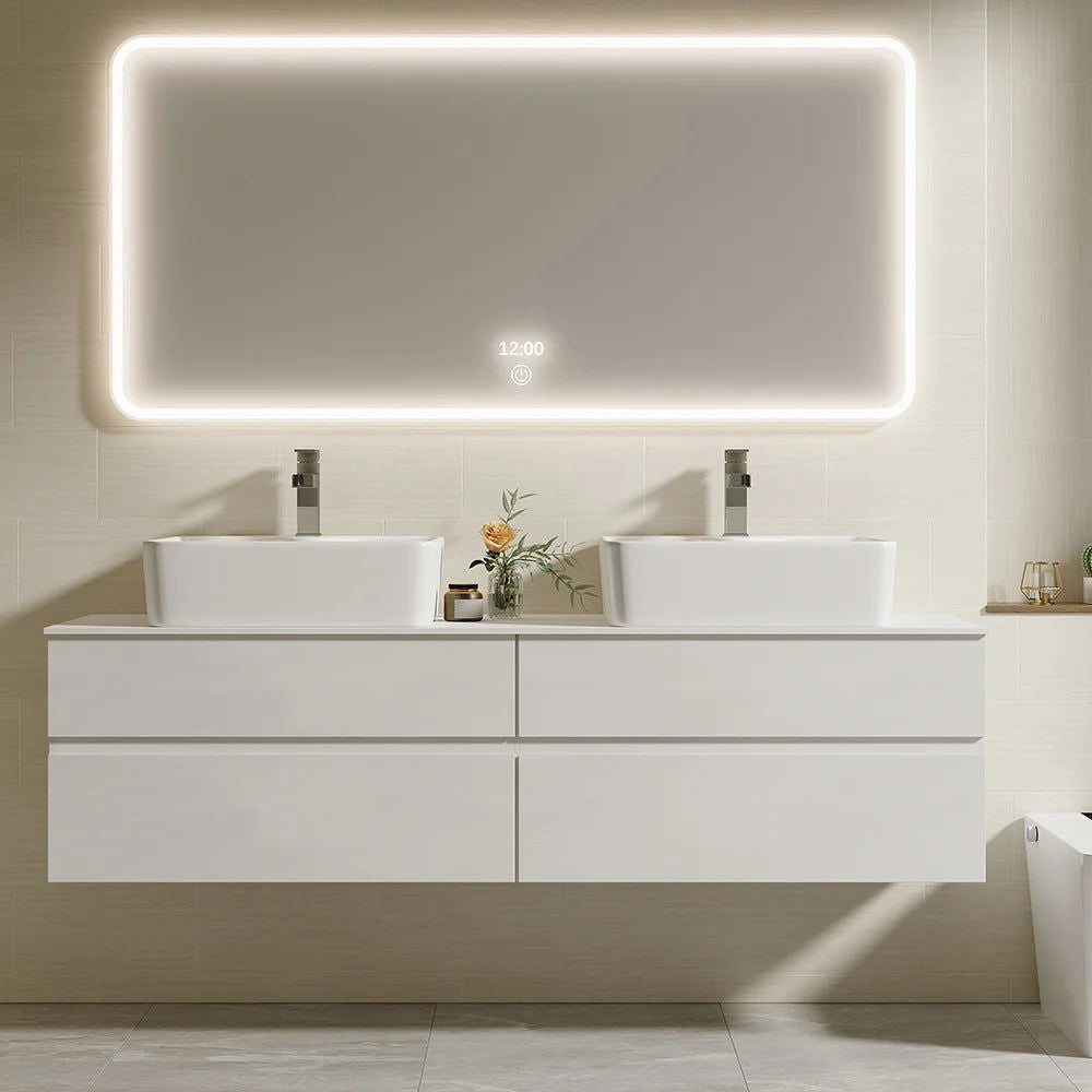 White Floating Bathroom Vanity Set with Faux Marble Top & Ceramic Countertop Basin - 