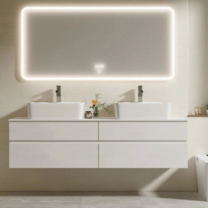 White Floating Bathroom Vanity Set with Faux Marble Top & Ceramic Countertop Basin - 