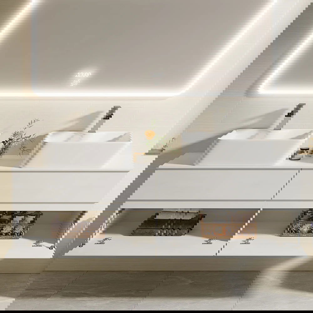 White Floating Bathroom Vanity Set with Faux Marble Top & Ceramic Countertop Basin - Homary