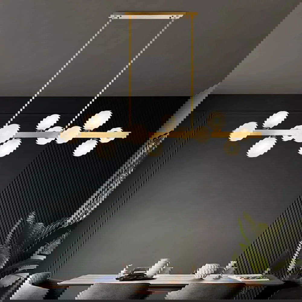 White Globe Shade 12-Light Linear Island Light in Gold - Homary