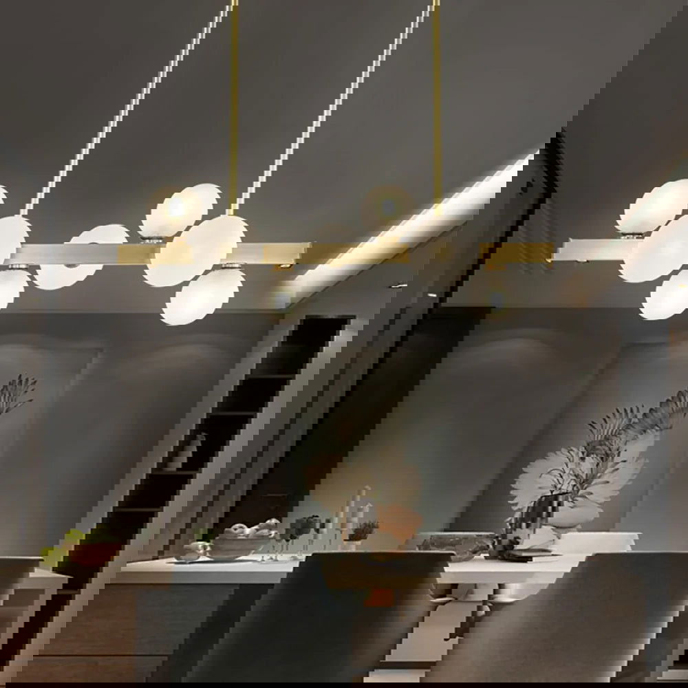 White Globe Shade 7-Light Linear Island Light in Gold - Homary