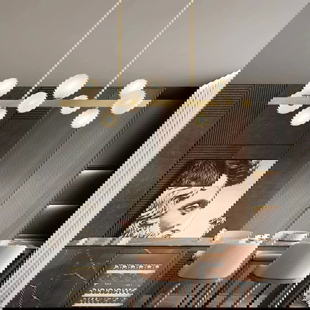 White Globe Shade 9-Light Linear Island Light in Gold - Homary