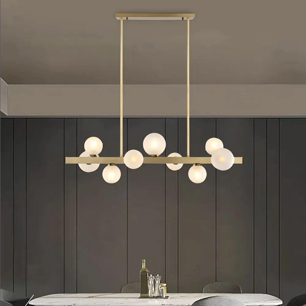 White Globe Shade 9-Light Linear Island Light in Gold - Homary