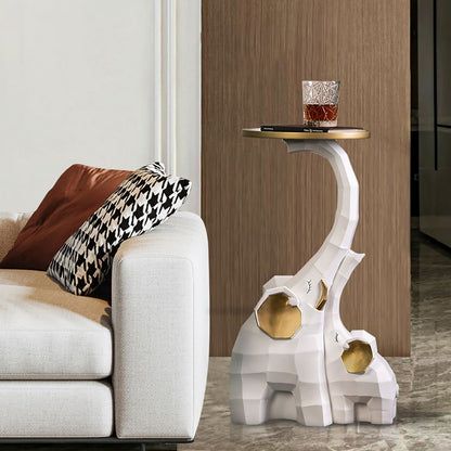 White & Gold End Table with Tray Top Decor Elephant Shape Side Table - 