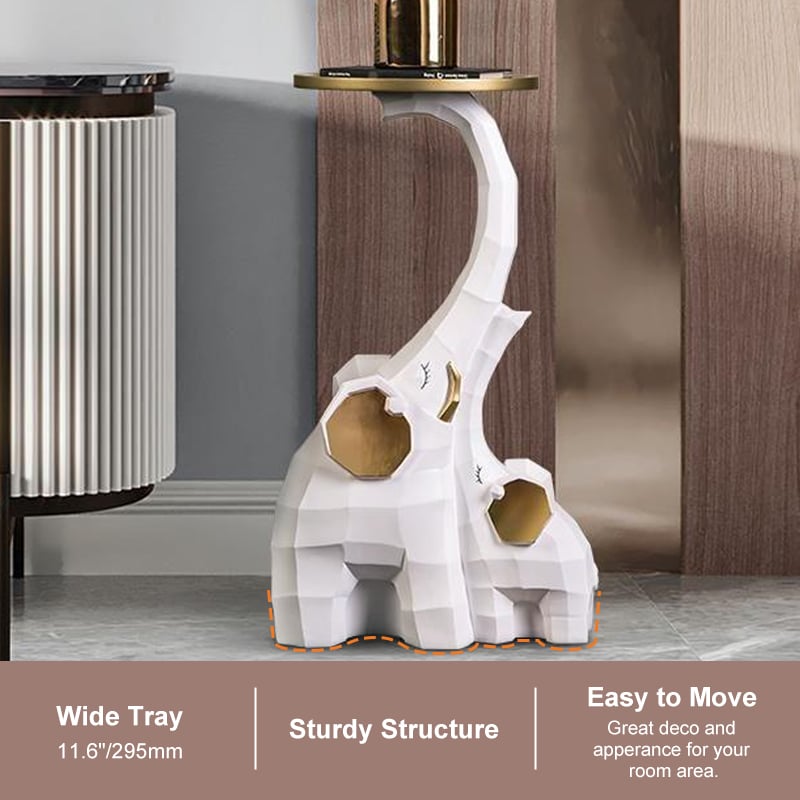 White & Gold End Table with Tray Top Decor Elephant Shape Side Table - 