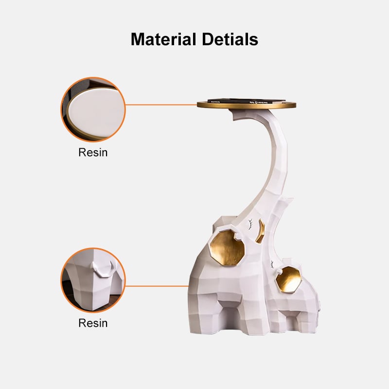 White & Gold End Table with Tray Top Decor Elephant Shape Side Table - 