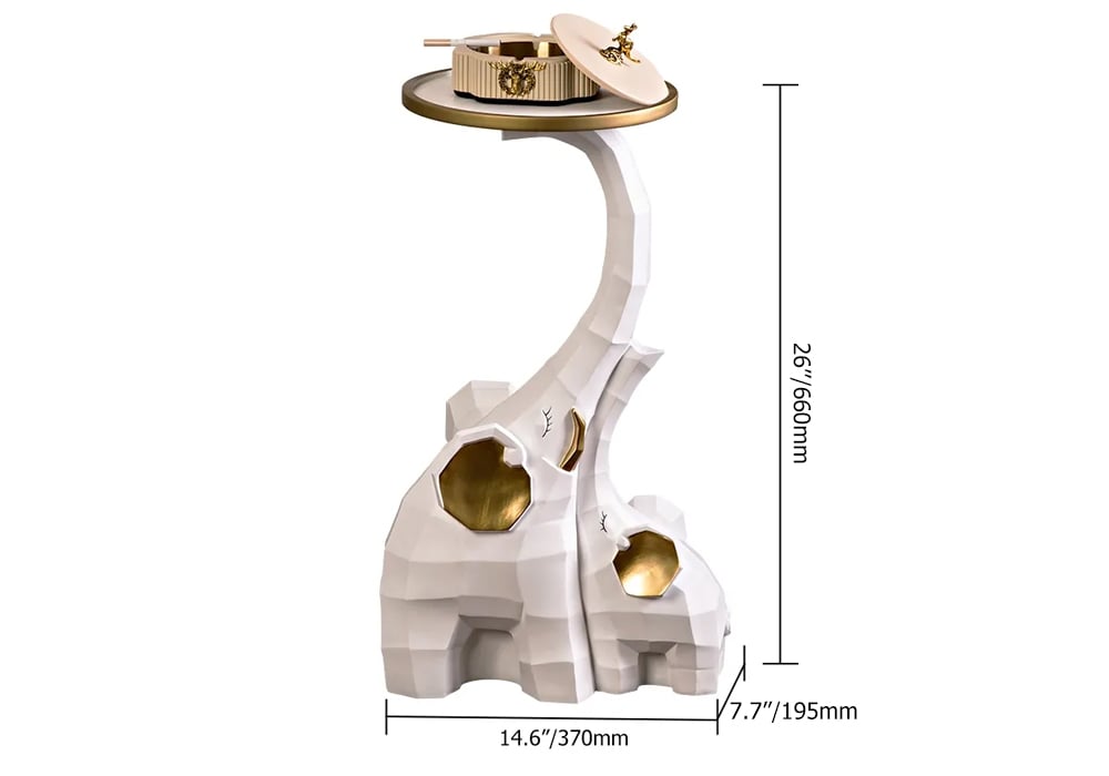 White & Gold End Table with Tray Top Decor Elephant Shape Side Table - 