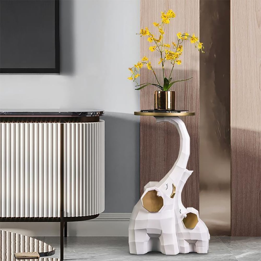 White & Gold End Table with Tray Top Decor Elephant Shape Side Table - 