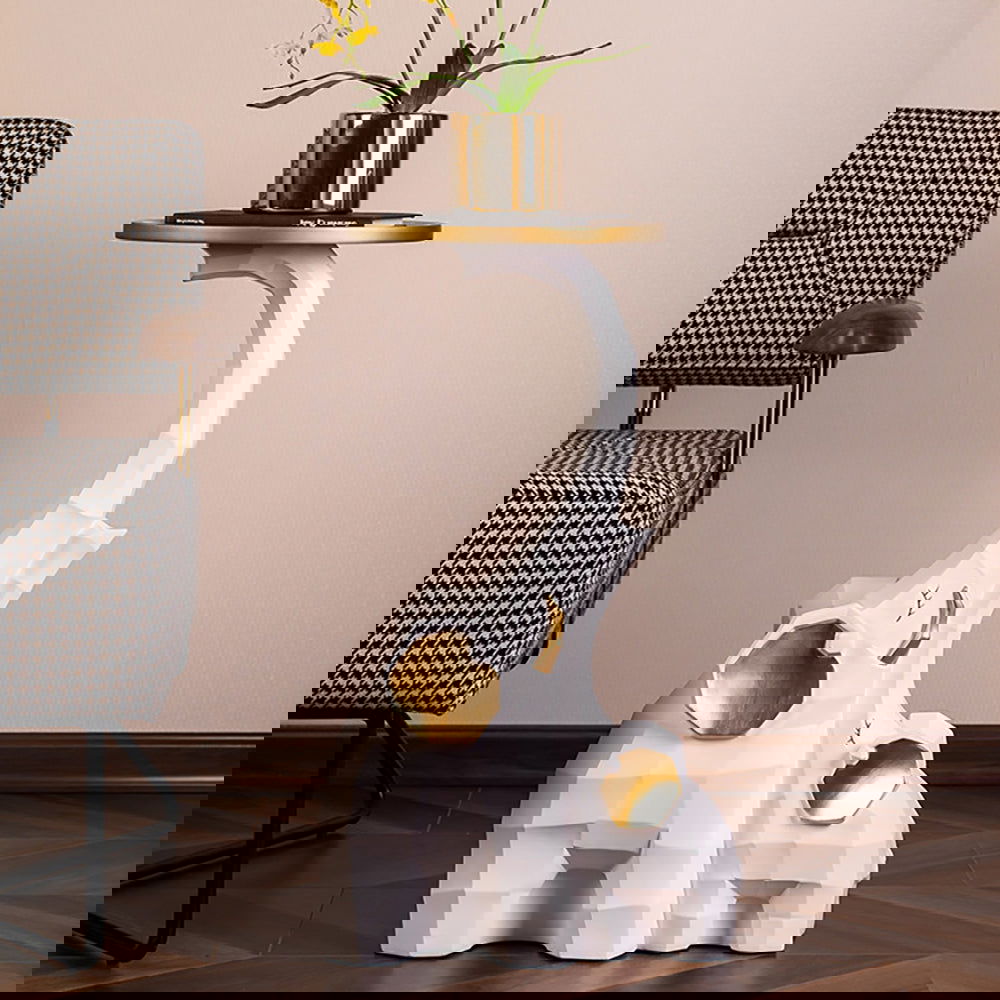 White & Gold End Table with Tray Top Decor Elephant Shape Side Table - Homary