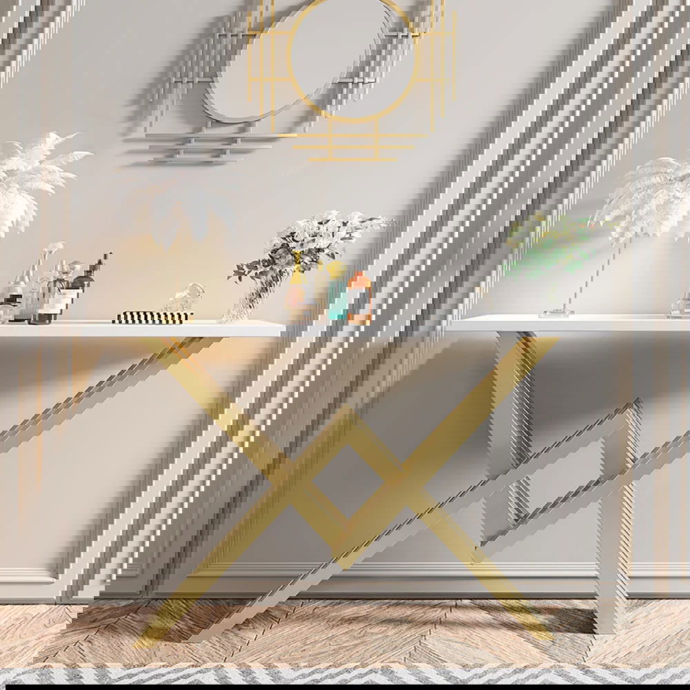 White & Gold Narrow Console Table Accent Table For Hallway X Base & Metal in Small - Homary