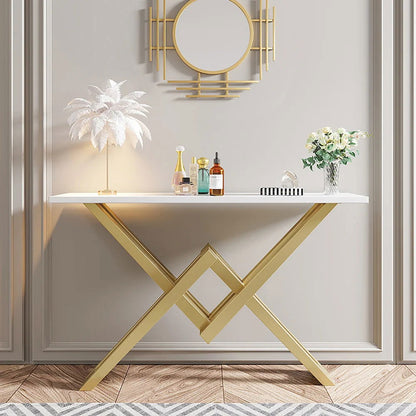 White & Gold Narrow Console Table Accent Table For Hallway X Base & Metal in Small - Homary