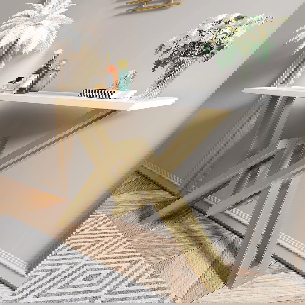 White & Gold Narrow Console Table Accent Table For Hallway X Base & Metal in Small - Homary