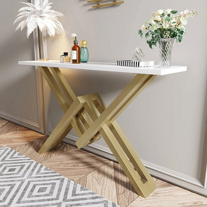 White & Gold Narrow Console Table Accent Table For Hallway X Base & Metal in Small - Homary