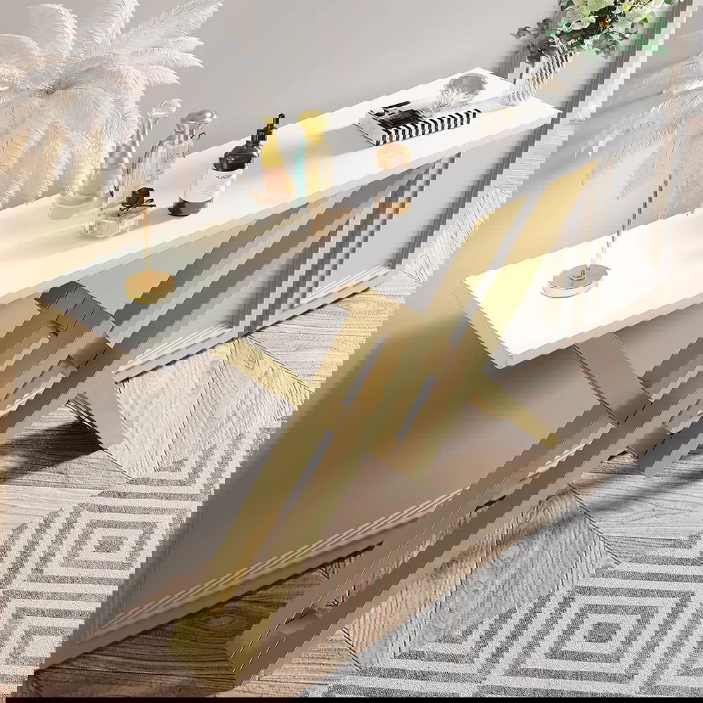 White & Gold Narrow Console Table Accent Table For Hallway X Base & Metal in Small - Homary