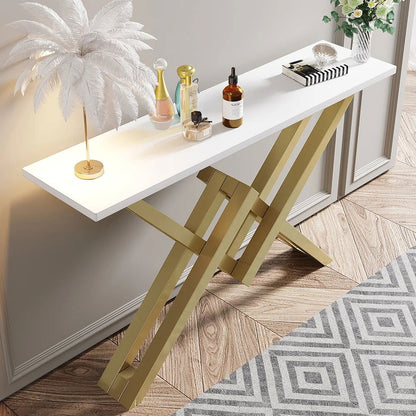 White & Gold Narrow Console Table Accent Table For Hallway X Base & Metal in Small - Homary