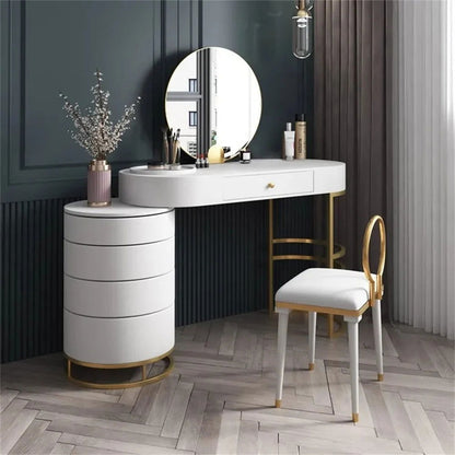 White Makeup Vanity Dressing Table with Swivel Cabinet Mirror & Stool Included - 