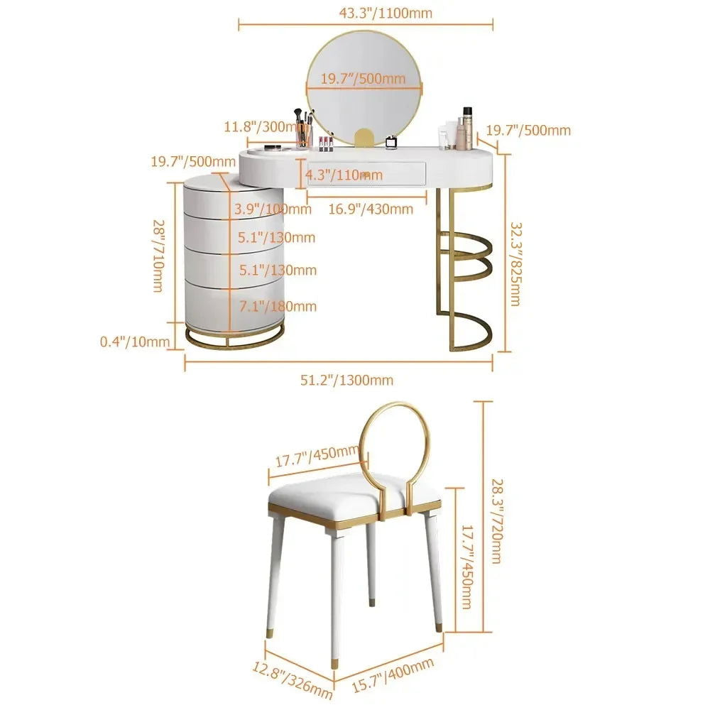 White Makeup Vanity Dressing Table with Swivel Cabinet Mirror & Stool Included - 