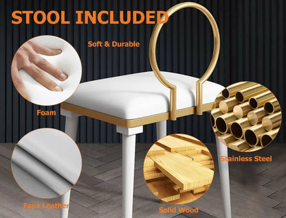 White Makeup Vanity Dressing Table with Swivel Cabinet Mirror & Stool Included - 