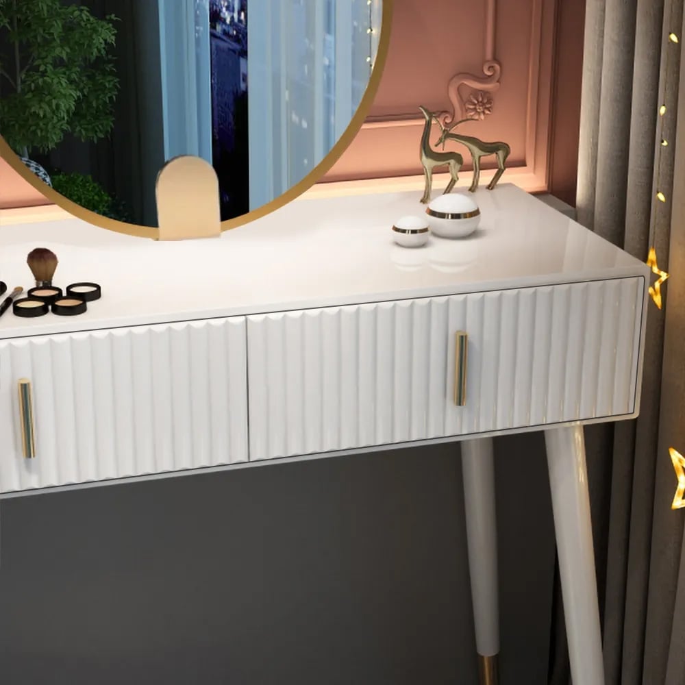 White Makeup Vanity with Nesting Stool Dressing Table with 5 Drawers & Mirror - 