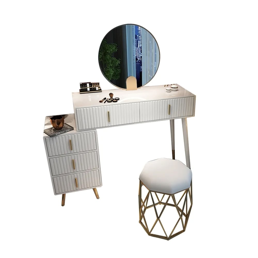 White Makeup Vanity with Nesting Stool Dressing Table with 5 Drawers & Mirror - 
