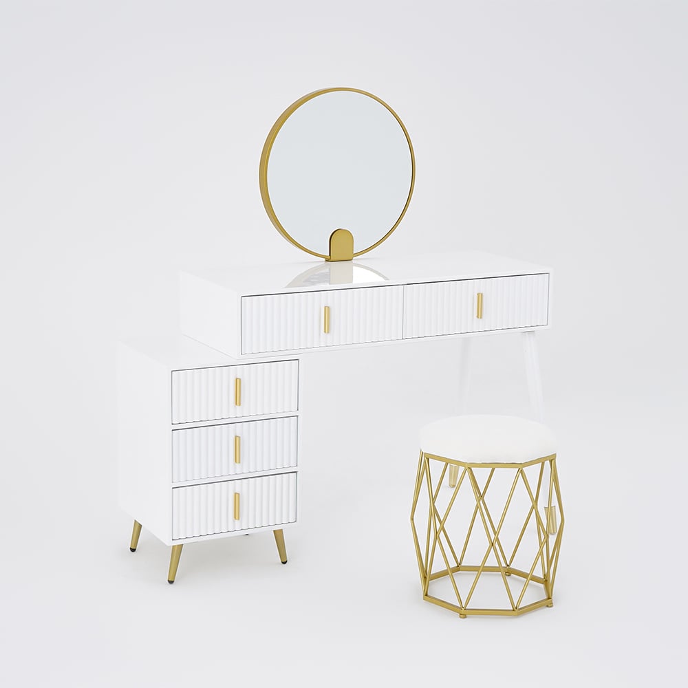 White Makeup Vanity with Nesting Stool Dressing Table with 5 Drawers & Mirror - 