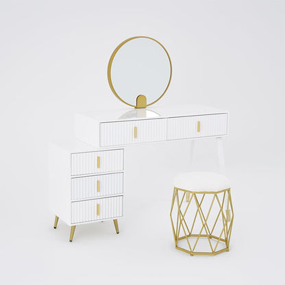 White Makeup Vanity with Nesting Stool Dressing Table with 5 Drawers & Mirror - 