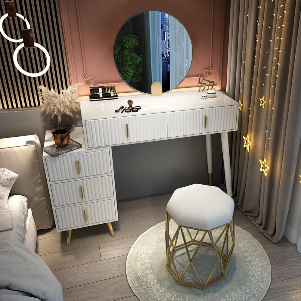 White Makeup Vanity with Nesting Stool Dressing Table with 5 Drawers & Mirror - Homary
