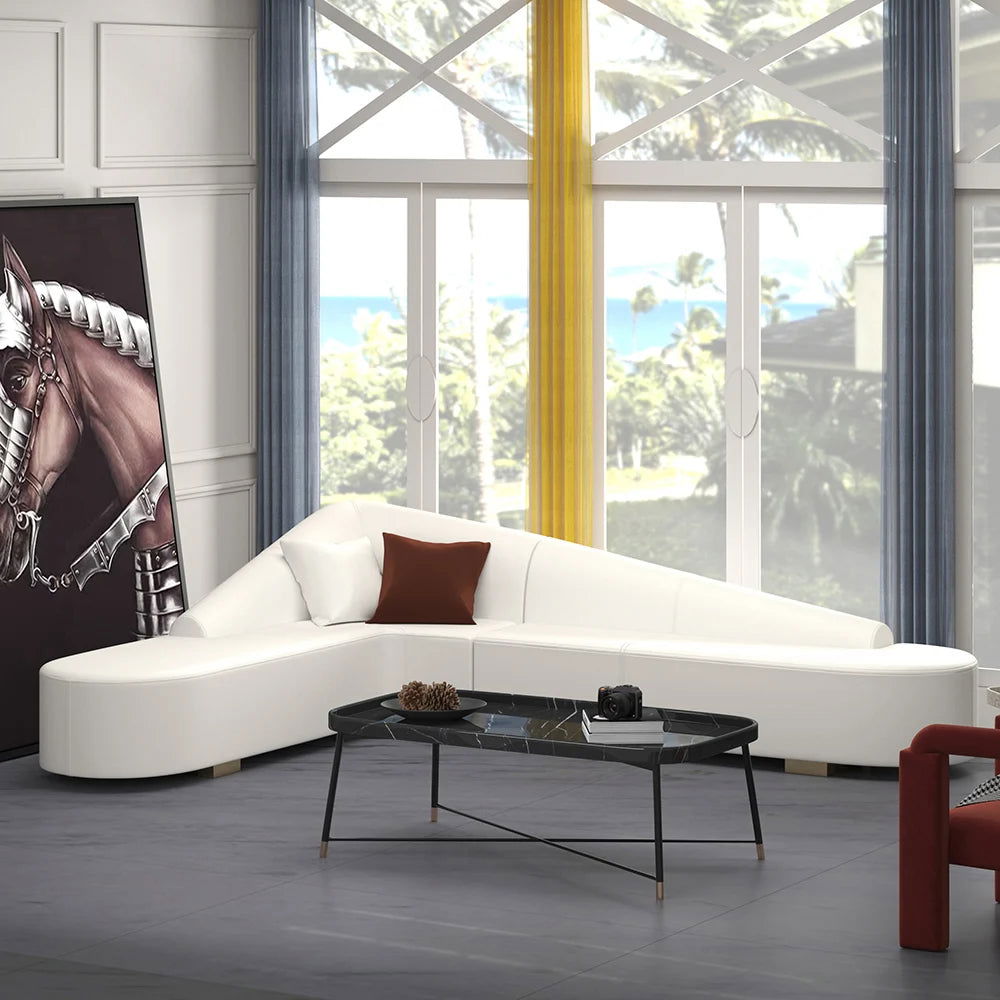 White Modern L-Shaped Corner Sectional Sofa for Living Room Faux Leather Upholstery - 