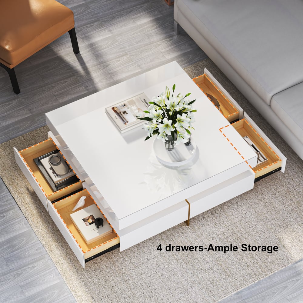 White Modern Square Coffee Table with Drawers Tempered Glass Top & Metal Legs - 
