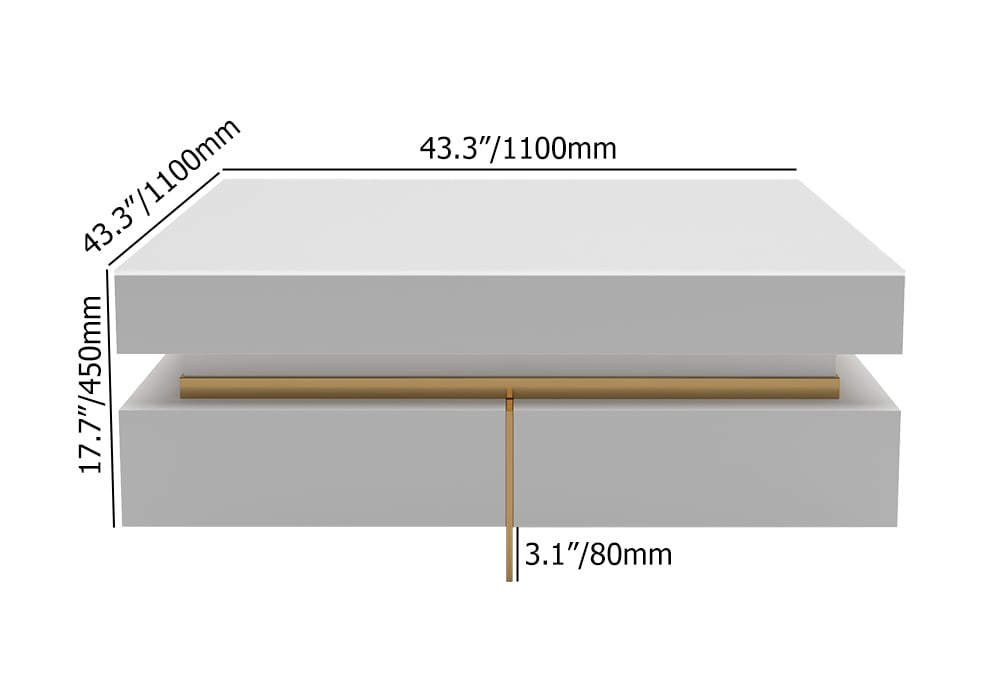 White Modern Square Coffee Table with Drawers Tempered Glass Top & Metal Legs - 