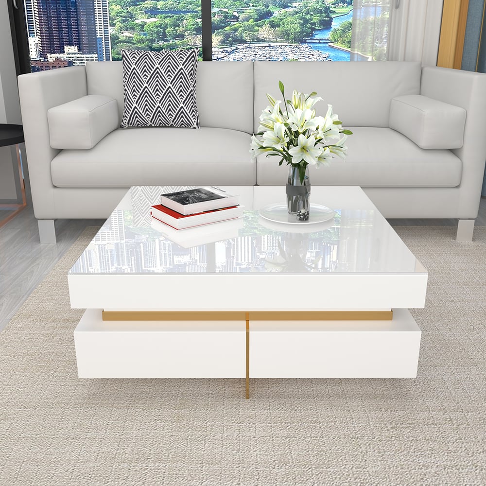 White Modern Square Coffee Table with Drawers Tempered Glass Top & Metal Legs - 