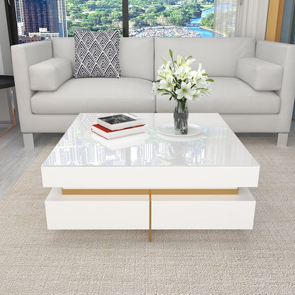 White Modern Square Coffee Table with Drawers Tempered Glass Top & Metal Legs - 