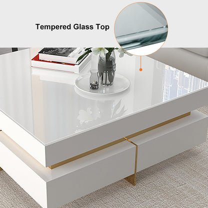 White Modern Square Coffee Table with Drawers Tempered Glass Top & Metal Legs - 