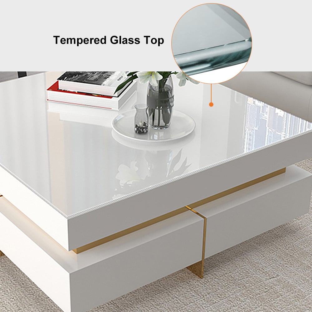 White Modern Square Coffee Table with Drawers Tempered Glass Top & Metal Legs - 