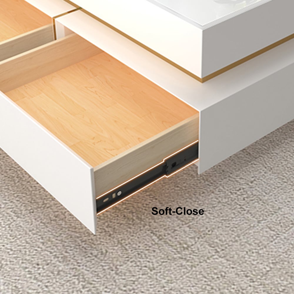 White Modern Square Coffee Table with Drawers Tempered Glass Top & Metal Legs - 
