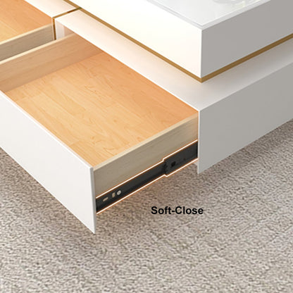 White Modern Square Coffee Table with Drawers Tempered Glass Top & Metal Legs - 