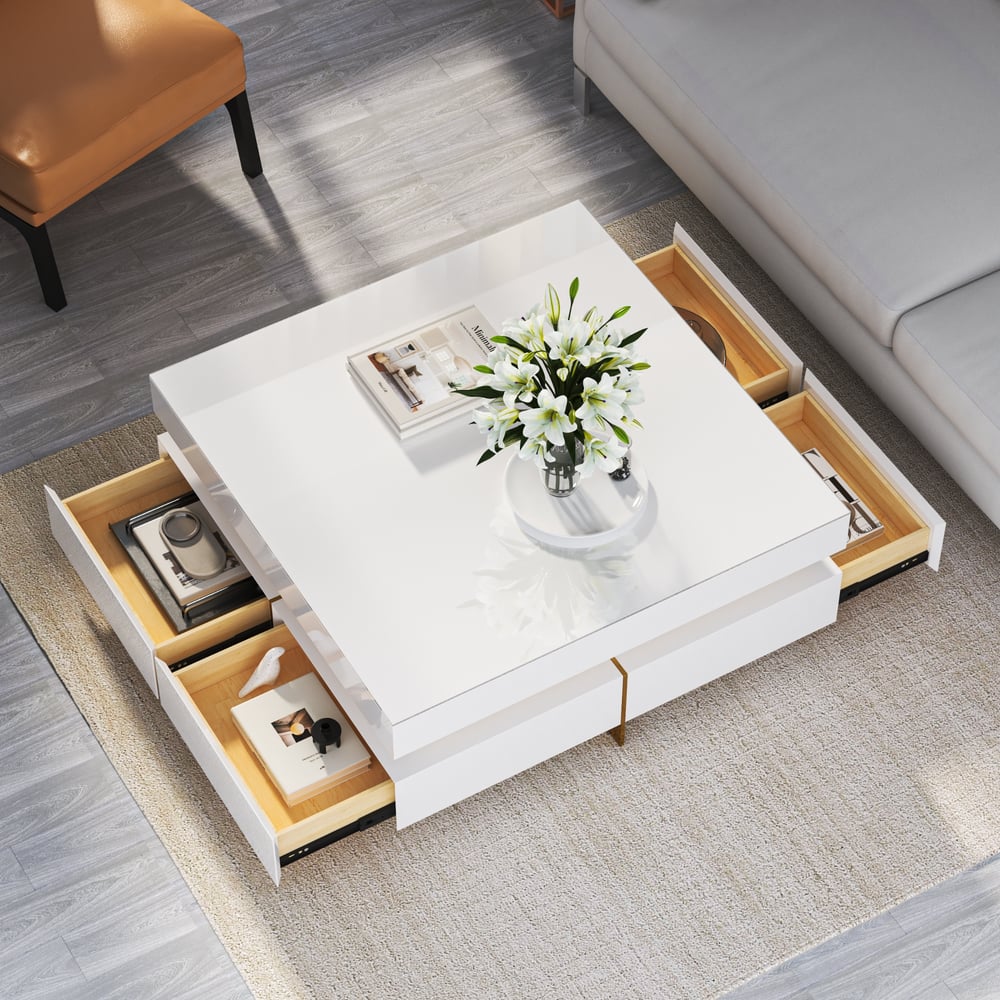 White Modern Square Coffee Table with Drawers Tempered Glass Top & Metal Legs - 