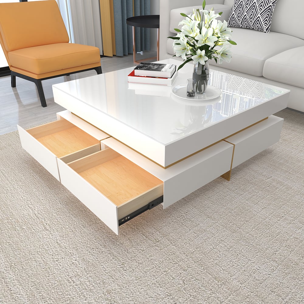 White Modern Square Coffee Table with Drawers Tempered Glass Top & Metal Legs - 