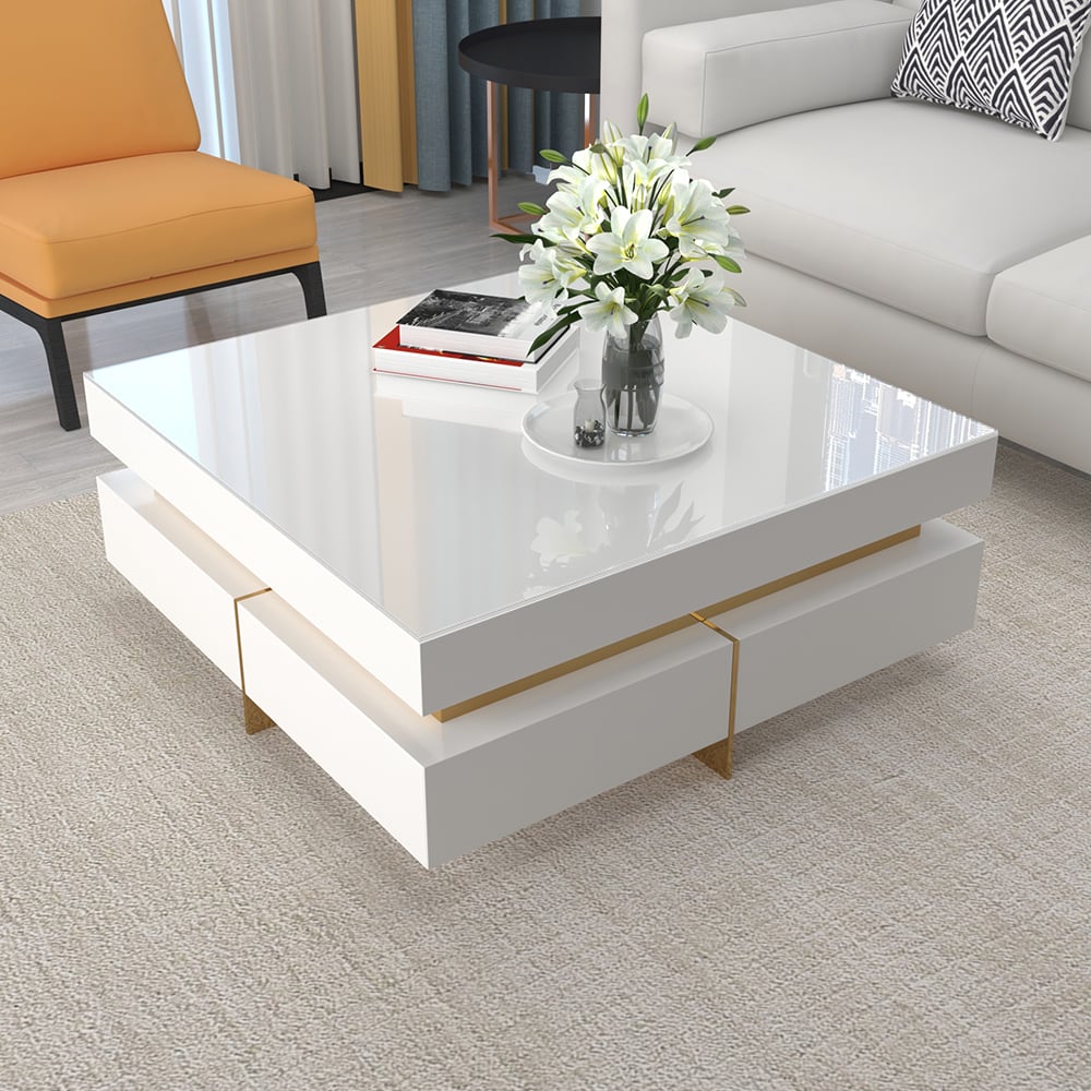White Modern Square Coffee Table with Drawers Tempered Glass Top & Metal Legs - 