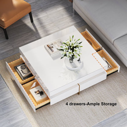 White Modern Square Coffee Table with Drawers Tempered Glass Top & Metal Legs - Homary