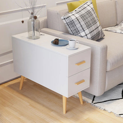 White Rectangle End Table with Drawers Modern Sofa Side Table for Living Room - 