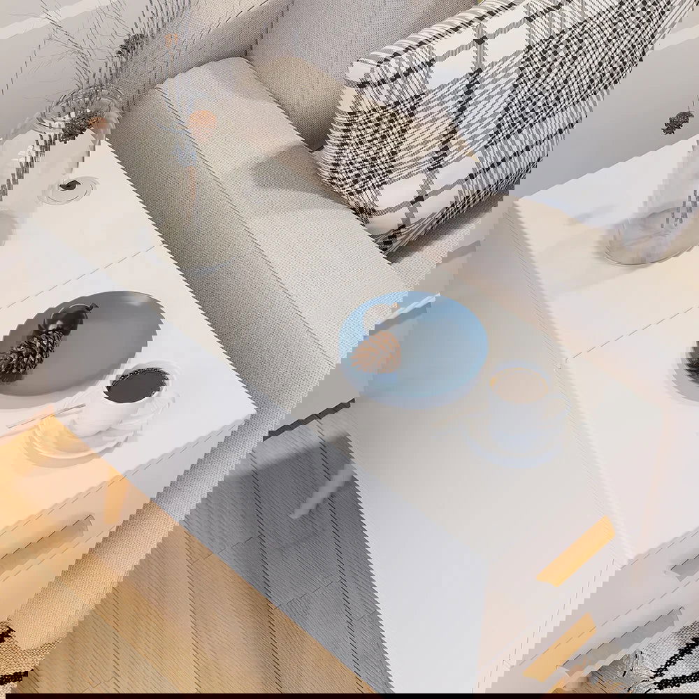 White Rectangle End Table with Drawers Modern Sofa Side Table for Living Room - 