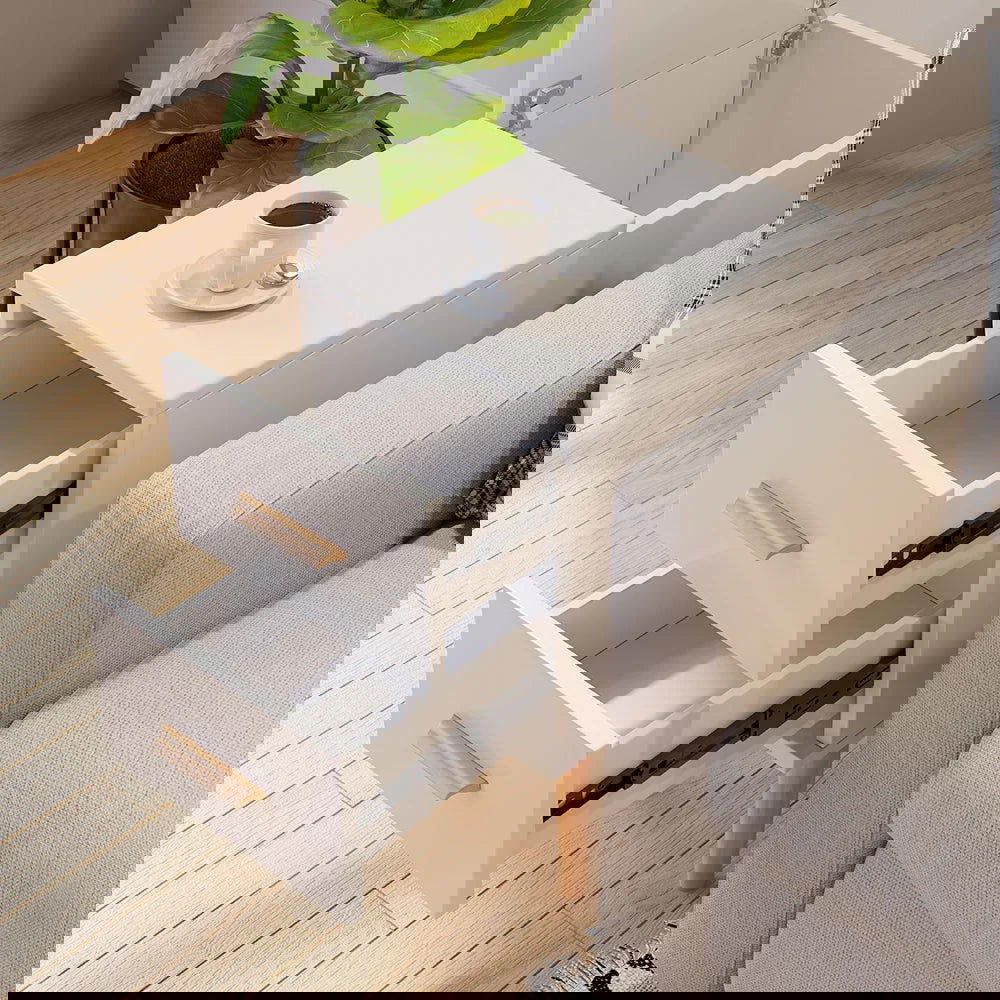 White Rectangle End Table with Drawers Modern Sofa Side Table for Living Room - 