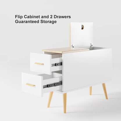 White Rectangle End Table with Drawers Modern Sofa Side Table for Living Room - 