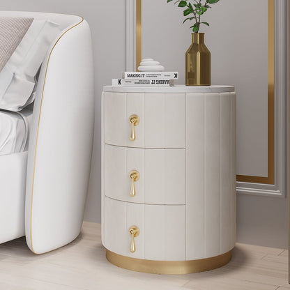 White Velvet Nightstand with Storage Round Nightstand with 3 Drawers Stone Top - 